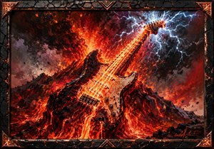 A colossal electric guitar rises from a volcanic wasteland, its glowing strings carrying molten fire toward a lightning-filled sky. Lava pours across blackened rock as sparks, smoke, and explosive color surround the instrument. Cracked obsidian and copper framing intensify this dramatic vision of music transformed into unstoppable elemental force unleashed.