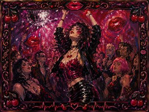 Beneath a blazing disco ball, a fearless dancer commands the floor in cherry red, black vinyl, and flying dark hair. Surrounded by an entranced crowd, floating lips, musical symbols, and neon brushwork, the scene celebrates liberation, glamour, rebellious self-expression, and the pulsing exhilaration of a midnight anthem.