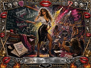 A glamorous teacher commands a chaotic rock-and-roll classroom as a Van Halen-style concert erupts behind her. Fiery reds, electric pinks, gold, and black glow beneath dramatic stage lights. Energetic painterly textures, flying papers, guitars, drums, cheering students, and an ornate chrome-and-gold musical frame create a rebellious, playful atmosphere.