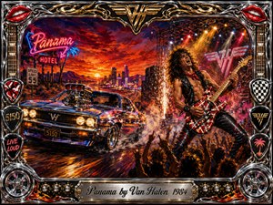 A chrome hot rod roars through a fiery desert sunset while a wild-haired guitarist commands a blazing concert stage beside it. Neon signs, sparks, smoke, cheering silhouettes, and brilliant red, orange, blue, and silver tones create explosive energy. The richly textured oil-paint style is enclosed by an ornate chrome-and-gold rock-and-roll frame.
