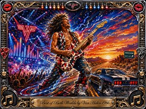A wild-haired guitarist commands the center, merging a neon-lit rock concert with an open desert highway at sunset. Electric blues, reds, oranges, and chrome highlights create an explosive, triumphant mood. Swirling sound waves, lightning, crowds, and a muscle car surround him, framed by ornate musical hardware and a polished engraved title plate.