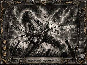 A wild guitarist dominates a stormy concert stage, tearing through broken chains amid lightning, smoke, amplifiers, drums, and raised crowd silhouettes. Deep charcoal textures and stark black-and-white contrast create fierce, rebellious energy. An ornate chrome-and-gold instrument-inspired frame surrounds the scene, finished with an engraved Unchained title plate.