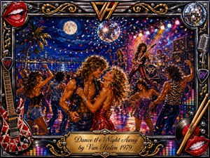 A joyful moonlit dance party unfolds beside a glowing waterfront, where smiling couples move beneath a sparkling disco ball and colorful stage lights. Rich acrylic textures blend electric blues, reds, purples, and golds with warm reflections. A lively rock band, confetti, guitars, and ornate chrome-and-gold musical framing amplify the exuberant 1970s atmosphere.