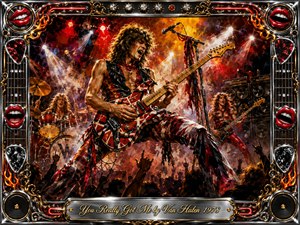 A fiery 1970s rock concert erupts around a dynamic guitarist commanding the stage amid blazing red, gold, and white spotlights, smoke, amplifiers, drums, and raised crowd silhouettes. Bold oil-and-acrylic textures heighten the rebellious energy, while an ornate chrome-and-gold frame with lips, flames, strings, and musical hardware adds theatrical glamour.