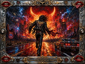 A lone leather-clad rocker runs down a rain-slicked desert highway toward a blazing concert horizon, surrounded by flames, lightning, amplifiers, and cheering silhouettes. Fiery reds and oranges collide with electric blues and chrome highlights in a dramatic oil-painted style, framed by ornate gold, metal, guitar, and rock-and-roll details.