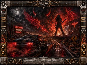A black muscle car races along a rain-slick desert highway toward a fiery rock concert beneath storm clouds, lightning, and blazing crimson wings. A towering guitarist silhouette dominates the infernal horizon. Rich oil-paint textures, glowing reds, blacks, chrome highlights, neon signage, and dramatic reflections create a rebellious, dangerous, high-energy atmosphere.