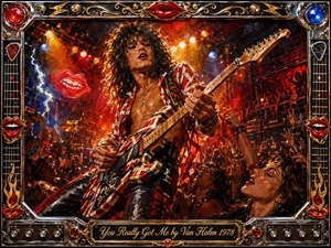 A fiery rock guitarist dominates a crowded club stage, leaning into his striped electric guitar beneath blazing red, gold, and blue lights. Energetic oil-paint textures, swirling haze, raised hands, amplifiers, and glowing red lips create a charged atmosphere, all enclosed by an ornate chrome-and-gold musical frame with engraved title plate.