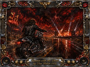 A lone leather-clad motorcyclist races down a rain-slick desert highway toward a fiery concert glow beneath turbulent crimson storm clouds. Dramatic spotlights, lightning, neon motel signs, amplifiers, and distant crowds create reckless energy. Rich oil-painted textures, black-red-orange tones, chrome highlights, and an ornate rock-themed metallic frame intensify the rebellious atmosphere.