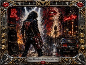 A leather-clad guitarist stands beneath blazing spotlights on a neon-soaked Sunset Strip, surrounded by amplifiers, smoke, flames, crowds, and a black muscle car. Rich reds, blacks, chrome, and gold create a rebellious, seductive mood. Painterly textures, glowing lips, and an ornate guitar-themed metallic frame intensify the hard-rock atmosphere.