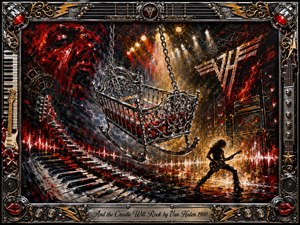 A gleaming chrome cradle hangs by chains above a fiery rock stage, surrounded by towering speakers, sweeping piano keys, and a silhouetted guitarist. Explosive reds, blacks, silver, and gold create a rebellious, electric mood. Dramatic spotlights, smoke, sparks, and textured acrylic brushwork intensify the theatrical composition, framed with ornate musical hardware.