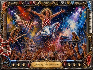 A jubilant rock singer leaps above a packed concert stage as guitars, keyboards, drums, raised hands, confetti, and swirling smoke amplify the excitement. Vivid reds, blues, golds, and white spotlights create explosive energy. Thick acrylic-style brushwork adds motion, while an ornate chrome-and-gold musical frame surrounds the triumphant scene.