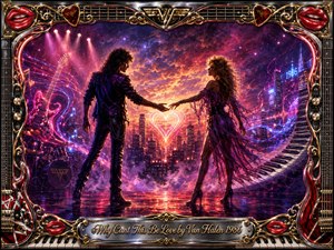 A neon-soaked 1980s rock fantasy shows a man and woman reaching toward each other across a reflective city-stage, framed by a glowing heart and swirling musical energy. Magenta, violet, cobalt, red, and gold light flood the scene, while chrome, guitars, piano keys, red lips, and ornate gold details form the elaborate border.