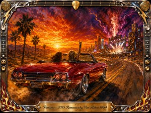A blazing red convertible races along a desert highway toward a neon-lit rock concert beneath a fiery orange and violet sunset. Long-haired passengers celebrate as palm trees, speakers, smoke, lightning, and stage lights fill the horizon. Rich oil-paint textures, chrome reflections, and an ornate guitar-inspired frame amplify the exhilarating 1980s atmosphere.