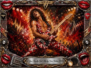 A fiery rock guitarist dominates the stage, exploding with raw energy amid red, orange, black, and gold splashes. Bright spotlights, cheering silhouettes, sound-wave streaks, and dramatic textures create a powerful concert atmosphere. An ornate chrome-and-gold frame features red lips, guitar hardware, knobs, picks, and an engraved title plate.