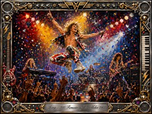 A jubilant rock frontman leaps above a roaring concert stage as bandmates, guitars, keyboards, drums, and cheering hands surround him. Fiery reds, electric blues, golds, and bright white spotlights explode through confetti and haze. Energetic impressionistic brushwork amplifies the triumphant mood, framed by ornate chrome, gold, musical hardware, and an engraved title plate.