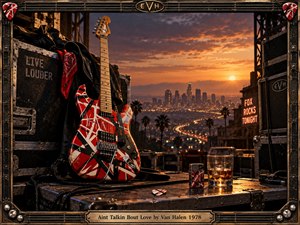 A striped red, white, and black electric guitar rests among rugged road cases above a glowing Los Angeles skyline at sunset. Warm amber light, palm silhouettes, coiled cables, a leather jacket, whiskey glass, and worn metal textures create a rebellious late-1970s rock atmosphere, enclosed by an ornate guitar-inspired frame.