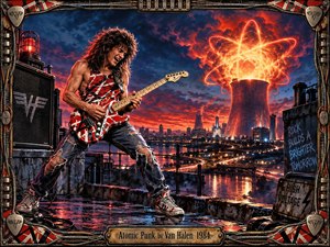 A fierce guitarist dominates a rain-slicked industrial rooftop as a blazing atomic symbol erupts above a distant cooling tower. Fiery orange light collides with deep blue storm clouds, reflecting across the city and water. Detailed rock hardware, amplifier textures, distressed metal, and a rugged decorative frame intensify the explosive energy.