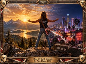 A long-haired guitarist stands on a rocky summit between two worlds, a glowing mountain sunrise and a vibrant neon city at night. Warm gold contrasts with electric blue and crimson, creating an energetic, triumphant mood. A detailed guitar-themed metal frame and engraved title plate complete the dramatic 1980s rock aesthetic.