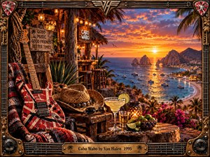 A richly detailed sunset overlooks a tropical Cabo coastline, where a rustic bar, striped guitar, woven hat, margarita, limes, and glowing lantern evoke carefree rock-and-roll escape. Fiery orange skies illuminate turquoise water, distant cliffs, boats, and palms, while an ornate guitar-inspired frame reinforces the warm, celebratory atmosphere.