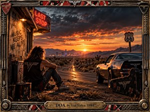 A weary rocker rests beside a weathered desert roadside stop, staring toward a glowing city beyond a long highway. Fiery sunset light cuts through storm clouds, reflecting across wet pavement and a parked muscle car. Rich cinematic realism, rugged textures, guitar details, and an ornate metallic frame create restless isolation.