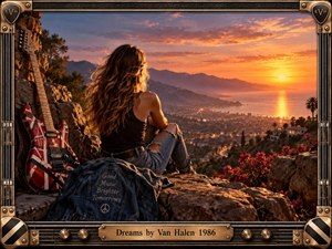 A woman rests beside a striped electric guitar on a rocky overlook, gazing across a glowing coastal city toward mountains and a radiant sunset. Warm orange light, rugged stone, denim textures, flowers, and distant palms create an uplifting, nostalgic atmosphere, framed by detailed amplifier-inspired metalwork and musical hardware.