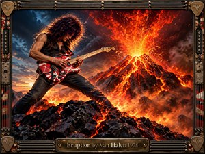 A fierce guitarist commands a volcanic landscape as molten lava erupts behind him, mirroring the musics explosive virtuosity. Fiery orange light, black rock, sparks, smoke, and a striped electric guitar create intense visual energy. A weathered metallic frame of strings, pickups, rivets, and bronze hardware reinforces the hard-rock atmosphere.