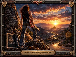 A determined guitarist stands on a rugged canyon overlook at fiery sunset, facing a distant city and winding highway. Warm amber light contrasts with stormy blue clouds, weathered rock, and dark metal framing. Detailed painterly realism, guitar hardware, road cases, and worn textures create an energetic mood of resolve and forward momentum.