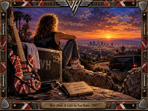 A long-haired rocker rests beside a striped guitar and road case on a rugged overlook above a glowing city at sunset. Warm orange light meets deep violet clouds, creating a reflective yet adventurous mood. Detailed rock memorabilia, winding roads, palm trees, and a weathered guitar-hardware frame evoke classic 1980s touring life.