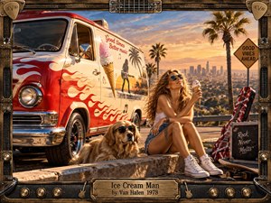A sunlit 1970s rock fantasy shows a flame-painted ice cream van overlooking Los Angeles, beside a relaxed woman, sunglasses-wearing dog, striped guitar, amplifier, and skateboard. Warm sunset gold, red accents, polished chrome, and richly textured vintage illustration create playful swagger, framed by guitar hardware and aged metal.