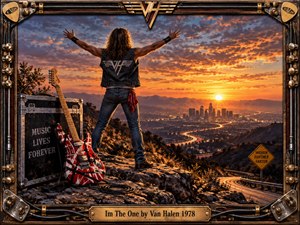 A long-haired rocker stands triumphantly above a glowing city at sunset, arms spread toward fiery orange clouds and distant mountains. A striped electric guitar, road case, winding highway, and rugged overlook create an energetic hard-rock atmosphere. Detailed metal hardware frames the warm, cinematic scene with handcrafted vintage character.