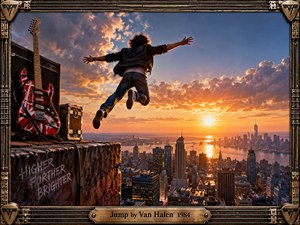 A fearless rocker leaps from a rooftop toward a glowing city skyline at sunset, capturing exhilaration, freedom, and reckless momentum. Fiery orange clouds contrast with deep blue skies, while a striped guitar, amplifier, weathered concrete, and ornate metallic frame create a richly textured, cinematic 1980s rock aesthetic.