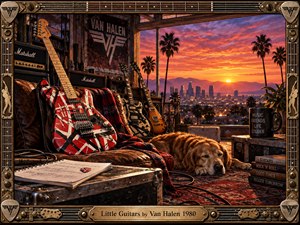 A warm 1980s rock loft overlooks a glowing sunset cityscape, filled with striped electric guitars, amplifiers, music sheets, cables, and a sleeping dog. Rich amber light, weathered leather, wood, brass, and patterned textiles create a nostalgic, intimate atmosphere, surrounded by an elaborate guitar-inspired handcrafted frame.