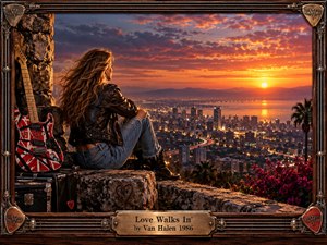 A windswept woman in a leather jacket overlooks a glowing coastal city at sunset beside a striped electric guitar and road case. Fiery orange, violet, and gold clouds create a romantic, reflective mood, while detailed stonework, flowers, distant lights, and an ornate guitar-themed frame give the cinematic scene handcrafted depth.