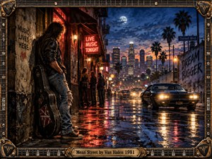 A lone rocker stands beside a battered guitar case on a rain-soaked city street, surrounded by glowing clubs, palm trees, passing cars, and distant skyscrapers. Red neon and golden headlights reflect across wet pavement beneath a moonlit blue sky, creating a gritty, restless 1980s atmosphere framed with guitar hardware.