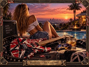 A glamorous woman lounges beside a hillside pool at fiery sunset, overlooking a hazy city skyline. A striped electric guitar dominates the foreground among sunglasses, whiskey, and rugged road-case textures. Warm amber light, saturated reds, black leather, metallic hardware, and a handcrafted rock frame create confident, decadent energy.