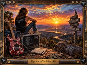 A lone rocker sits above a sprawling city at blazing sunset, contemplating past, present, future, and the urgency of now. A striped electric guitar, road case, notebook, winding highway, distant skyline, and dramatic orange-blue clouds create a reflective, cinematic rock atmosphere within an ornate instrument-inspired frame.