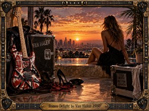 A woman in a black dress overlooks a glowing sunset city from a luxurious rooftop, surrounded by palm trees, road cases, heels, and a striped electric guitar. Warm amber light, deep shadows, reflective stone, and an ornate guitar-inspired frame create a seductive, restless 1980s hard-rock atmosphere.