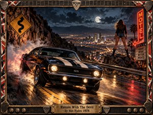 A black muscle car charges along a rain-slick mountain road above a glowing city, framed by smoke, moonlit clouds, neon motel lights, and a lone leather-clad figure. Warm amber reflections contrast with deep blues and reds, creating a rebellious, dangerous nighttime mood within a distressed guitar-inspired rock frame.