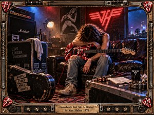 A weary guitarist slumps over a striped electric guitar in a smoky backstage room, surrounded by amplifiers, battered road cases, cables, and scattered gear. Fiery red neon contrasts with cool blue city light, creating a restless late-night mood. Rich photographic detail, worn textures, and an industrial frame evoke raw 1979 rock energy.