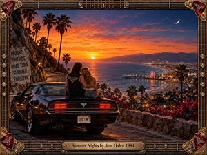 A young couple sits beside a sleek black muscle car overlooking a glowing coastal city at sunset. Palm trees, winding roads, ocean reflections, and a distant pier create a warm, nostalgic summer atmosphere. Rich orange and deep blue lighting enhances the cinematic realism, enclosed by an elaborate guitar-inspired metallic frame.