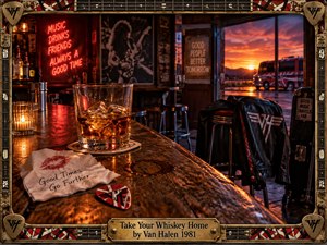 A glowing roadside rock bar frames a whiskey glass on a scarred wooden counter, surrounded by warm amber reflections, neon red light, a guitar pick, and a worn leather jacket. Beyond the doorway, a fiery sunset and tour bus suggest restless departure, while guitar hardware and brass details create a handcrafted 1980s atmosphere.