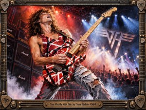 A wild-haired guitarist commands a smoky arena stage, driving a striped red, white, and black guitar beneath blazing orange and icy blue spotlights. Towering amplifiers, cheering silhouettes, and a metallic emblem amplify the explosive concert energy. A weathered guitar-themed frame and engraved brass plate complete the richly detailed painted composition.