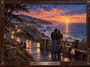 A romantic oil painting shows a couple embracing at a coastal overlook as sunset ignites the ocean and wet winding road with gold, coral, and deep blue reflections. Rugged cliffs, distant lights, wildflowers, and a resting electric guitar create a nostalgic rock-ballad mood within a dark wood guitar-inspired frame.