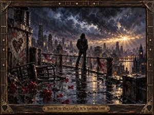 A lone figure stands on a rain-soaked rooftop overlooking a stormy city at dawn, surrounded by scattered red roses, broken furniture, and weathered industrial details. Deep blues, charcoal, crimson, and golden light create a defiant, melancholic mood, while expressive oil textures, wet reflections, and a rugged guitar-inspired frame heighten the dramatic atmosphere.