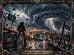A lone figure confronts a colossal storm above a rain-soaked industrial highway, creating a tense, defiant atmosphere. Steel blues, charcoal grays, lightning whites, and amber city lights deepen the cinematic composition. Expressive oil textures, swirling clouds, flying debris, reflective pavement, and a rugged metal frame reinforce the turbulent hard-rock energy.