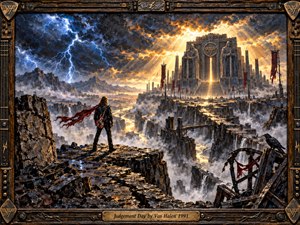 A lone guitarist stands on a shattered cliff facing a monumental fortress beneath a violent storm. Blue lightning tears through charcoal clouds while molten gold sunlight floods the distant temple, bridges, misty canyons, and red banners. The richly textured oil-and-acrylic style, rugged metal frame, raven, and glowing horizon create an apocalyptic, defiant mood.