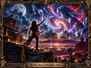 A lone guitarist stands on a rocky overlook beneath a stormy moon, reaching toward a radiant cosmic figure swirling above a neon-lit desert city. Electric blues, violets, crimson, and gold create a supernatural, triumphant mood. Dramatic lightning, glowing roads, amplifiers, crystalline fragments, and an ornate guitar-inspired metal frame complete the detailed digital fantasy scene.