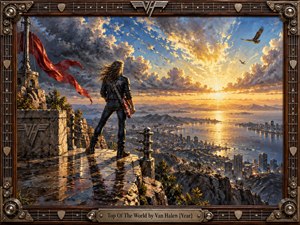 A lone long-haired guitarist stands on a windswept mountain overlook above a glowing coastal city as storm clouds open into radiant golden sunlight. Rich blues, amber highlights, wet reflections, soaring birds, and a crimson banner create triumphant energy. Textured painterly brushwork and an ornate guitar-inspired frame reinforce the powerful rock atmosphere.