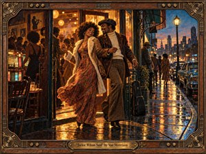 A joyful couple dances from a glowing vintage nightclub onto a rain-slicked city street, surrounded by warm amber interiors and cool blue twilight. Rich painterly textures, reflective pavement, period clothing, classic cars, and lively figures create romantic urban energy, framed by ornate carved wood and brass musical details.