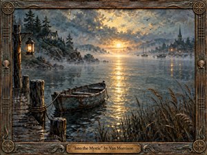 A weathered rowboat drifts beside a rough wooden dock in a misty harbor at sunset, framed by reeds, rocky shorelines, and a distant village with glowing windows and a church spire. Golden light shimmers across calm water beneath dramatic clouds, while the richly textured, handcrafted painting and ornate nautical frame deepen its mystical, reflective mood.
